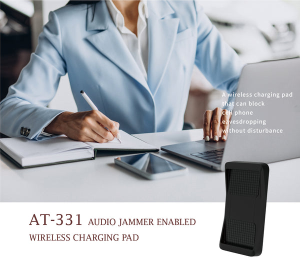 AT-331: An Audio Jammer-Enabled Wireless Charging Pad. This wireless charging pad not only powers your device but also effectively prevents cell phone eavesdropping, ensuring a disturbance-free environment.