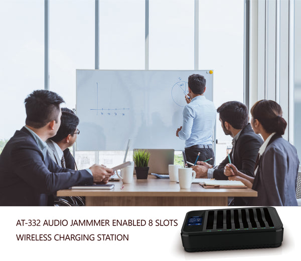 AT-332: An Audio Jammer-Enabled Wireless Charging Station with 8 Slots. This device not only charges your phone wirelessly but also effectively blocks all cell phone recording and eavesdropping, ensuring undisturbed privacy.